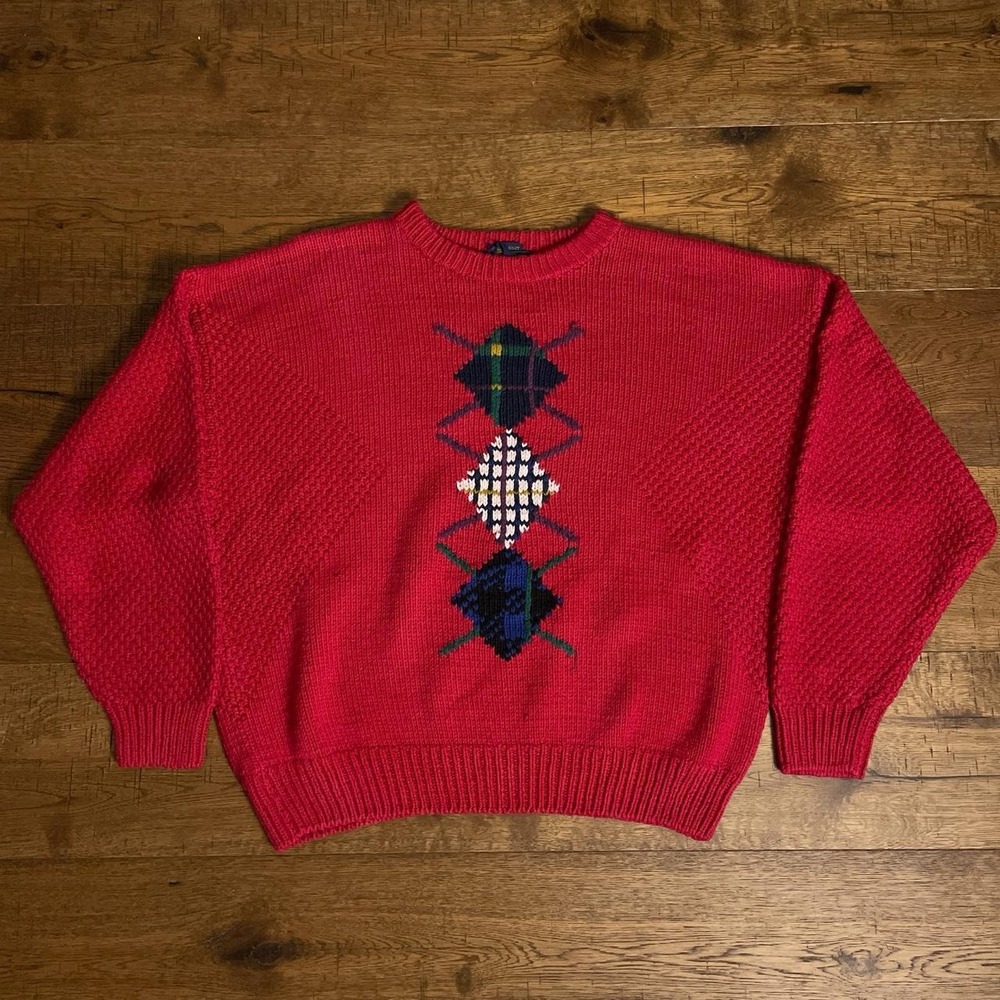 Colours by Alexander Julian Argyle Sweater Mens XL Red Preppy Vintage Hand Knit